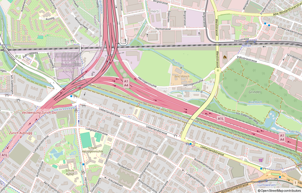 OpenStreetMap of the five-way junction at Herzogenmühle, beside the Zürich Ost interchange