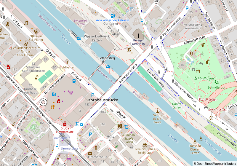 OpenStreetMap of the Kornhausbrücke crossing the Limmat, with the Schindlergut park to the east