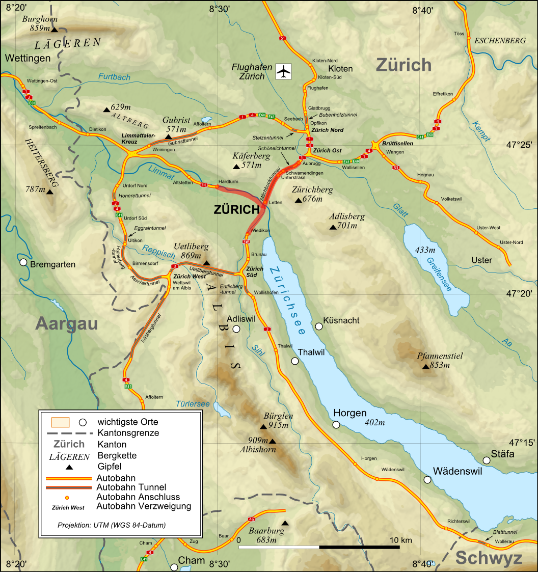 Route map of the Zürcher Expressstrassen-Y in the cantonal motorway network